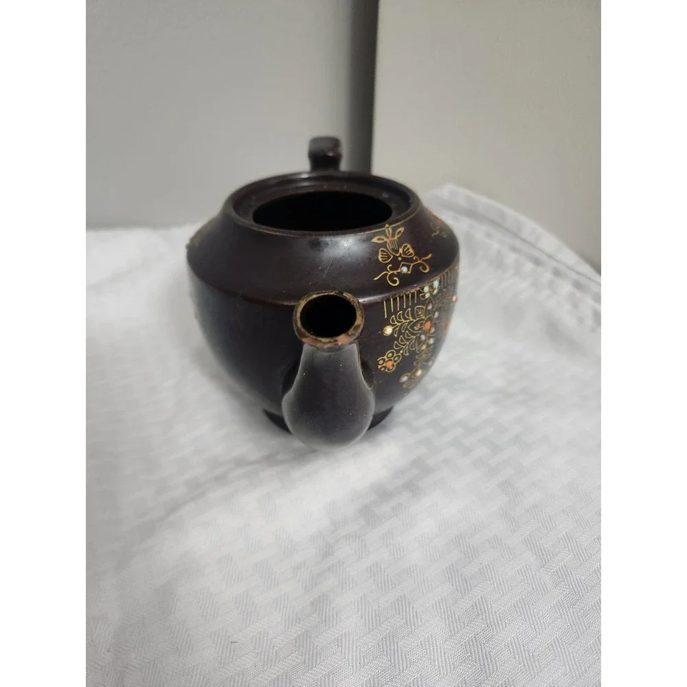 Vintage Japanese Moriage Teapot Brown Glazed Floral Hand Painted Japan No Lid